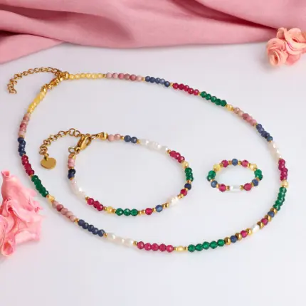 Naszyjnik Choker z Szafirem, Perłą, Thulitem, Cyrkonią